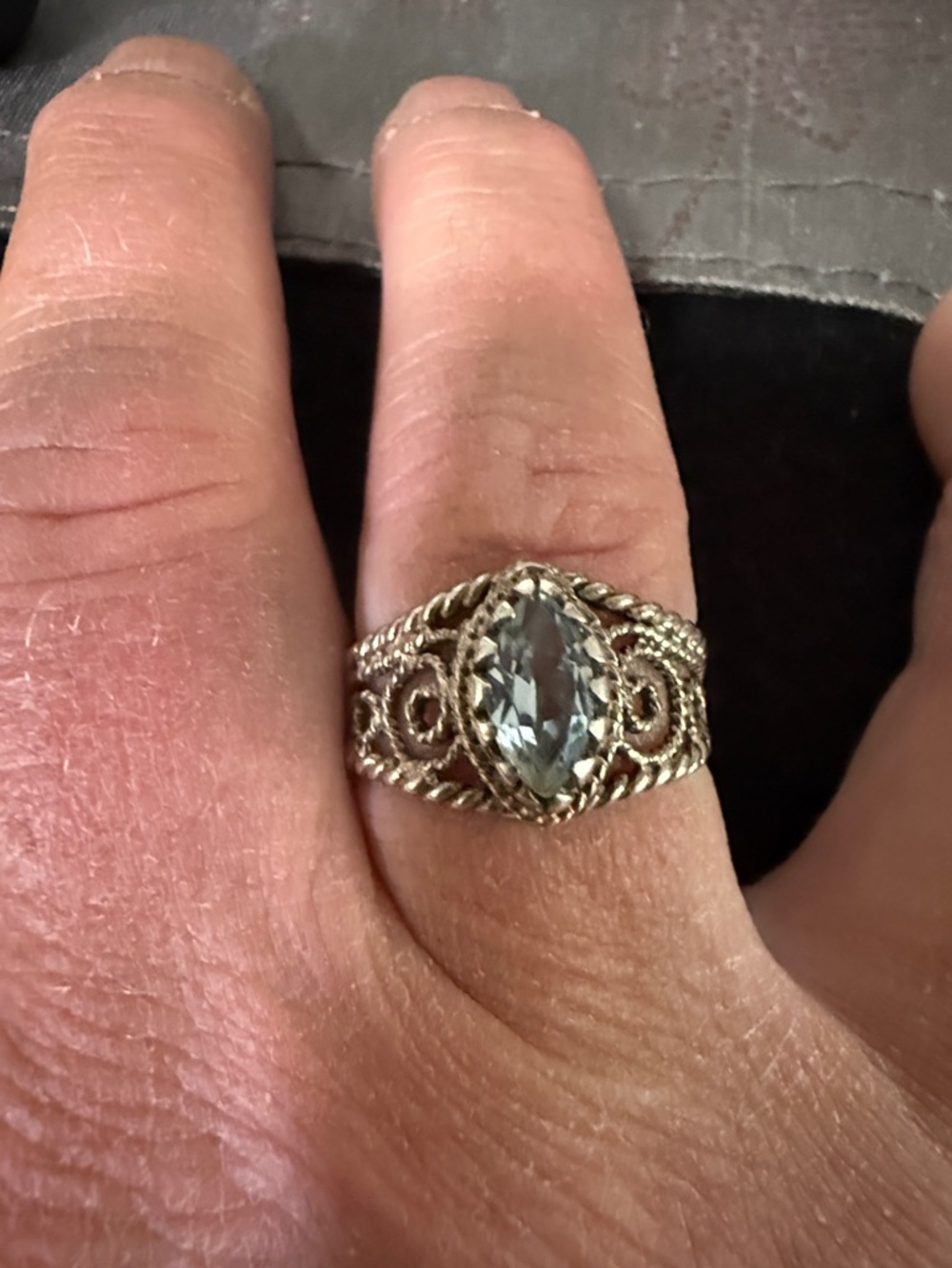 Vintage Light Blue Topaz Sterling Silver Marquise Fancy Filigree Statement Ring,